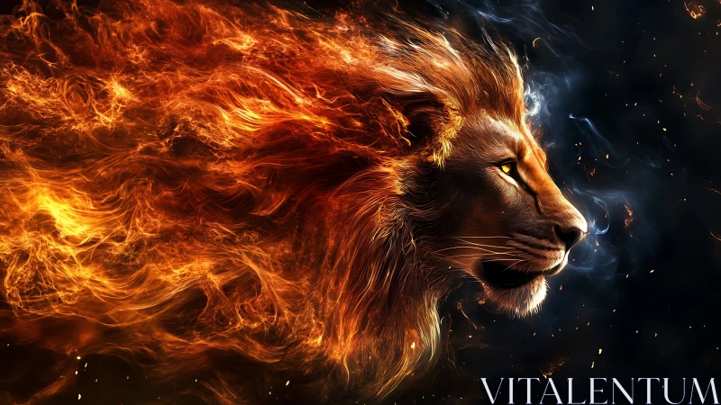 Lion head formed from flowing flames on dark void.