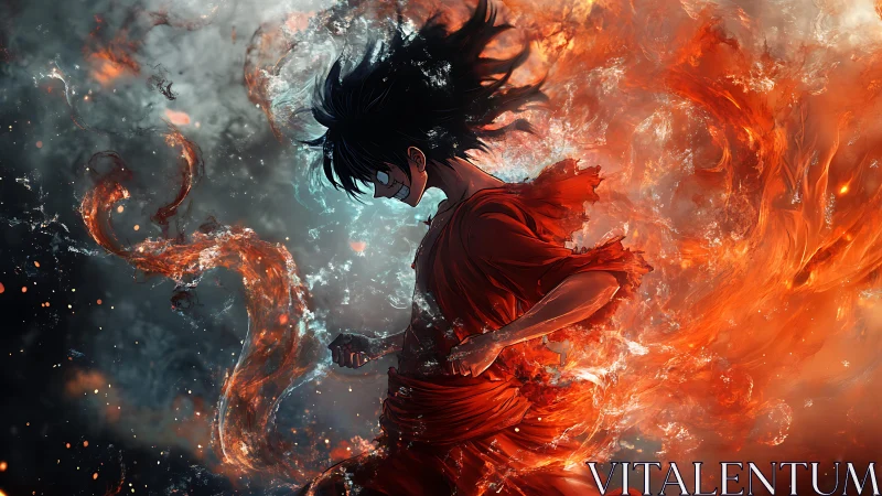 Dynamic anime warrior engulfed in turbulent elemental fire energy