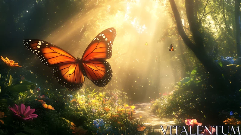 Majestic Monarch Butterfly in Sunlit Enchanted Forest Setting.