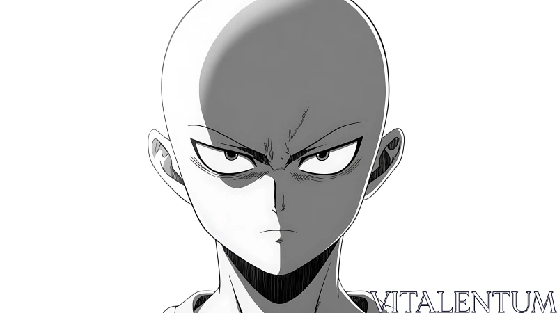 Symmetrical bald anime hero portrait with split tonal shading