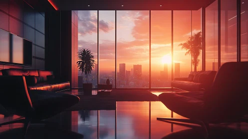 Luxury penthouse lounge glows in a panoramic city sunset.