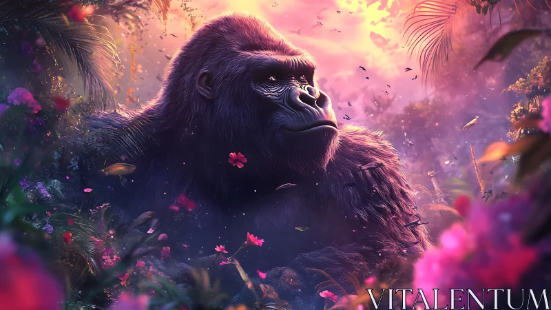 Majestic gorilla in luminous fantasy jungle bloomscape.