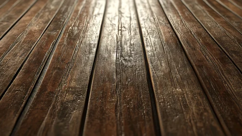 Weathered wooden floorboards glow in warm directional light.