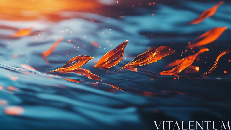 Orange light forms drifting above deep blue rippled water.