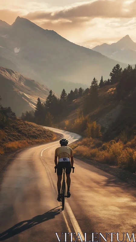 Cyclist riding alone on winding mountain road at sunrise.