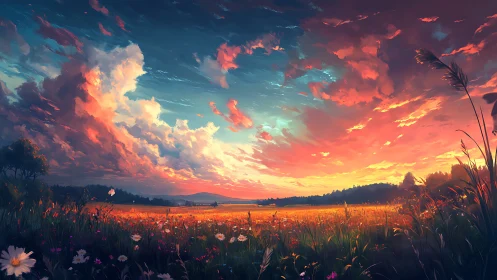 Sunset sky illuminates wide wildflower field with bright clouds