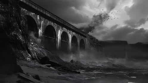 Storm-worn coastal bridge wrapped in haunting sea mist.