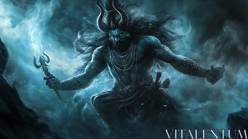 Mythic warrior figure in stormlit blue atmospheric setting.