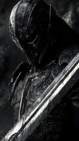 Dark armored warrior with sword in high contrast lighting.