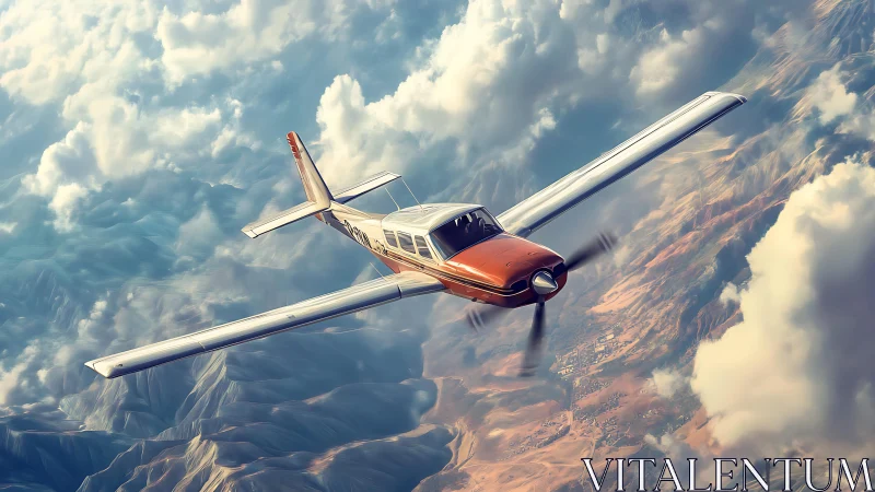 Single engine propeller aircraft cuts through high clouds