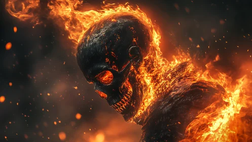 Flaming skeletal figure with charred skull in side profile.