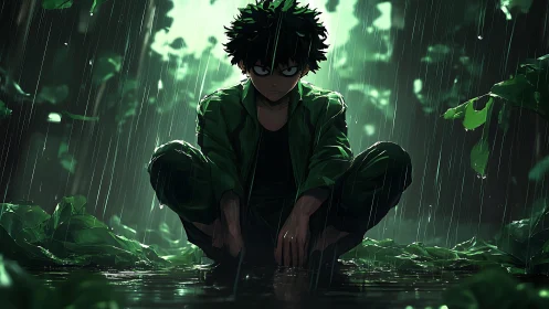 Rain-soaked anime boy crouches in reflective forest water pool
