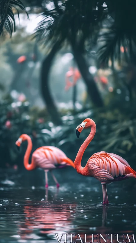 Flamingos stand in misty jungle lagoon with soft reflections