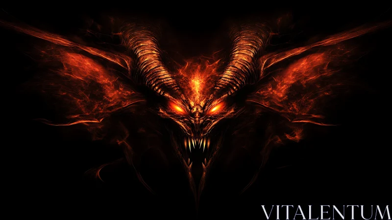 Flaming horned demonic skull rendered on black background