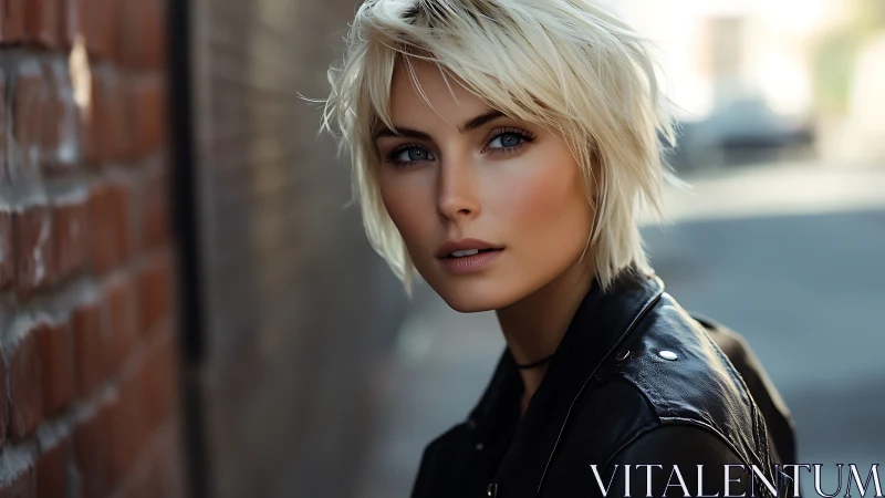 Blonde short-haired woman in leather jacket on city street.
