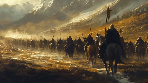 Riders in formation crossing misty mountain valley at dawn.