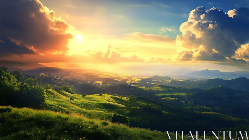 Sunlit valleys stretch beneath dramatic glowing storm clouds