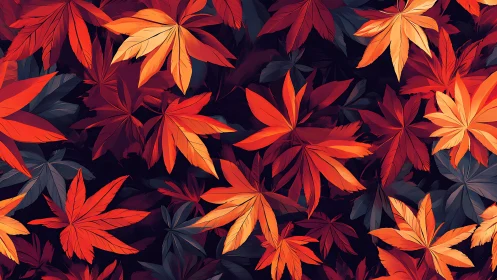 Crimson maple foliage pattern over deep shadowed ground.