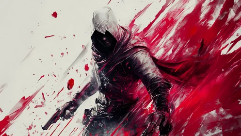 Hooded gunfighter emerging through vectorized crimson turbulence.