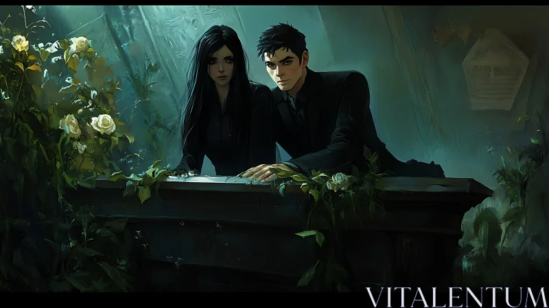 Darkly elegant couple sharing a quiet, moody moment together.