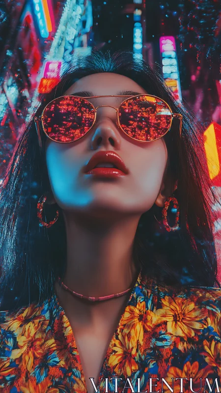 Neon city reflection portrait in vivid cyberpunk glow.
