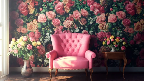 Velvet rose throne in a sunlit floral-storm parlor.