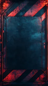 Rust kissed sci fi blast door with fiery hazard stripes.