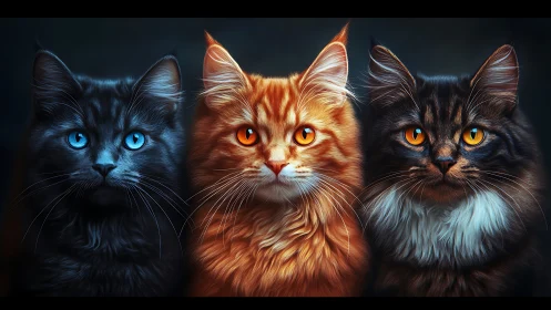 Three Cats with Contrasting Coloring and Eye Color