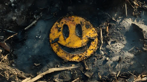 Photorealistic decay study of a buried smiley emblem.