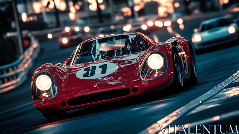 Vintage red race car glowing under city lights at dusk.
