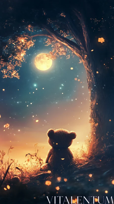 Backlit plush bear observing full moon in luminous forest