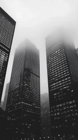 Fog partially obscures tall glass office skyscrapers