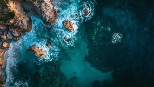 Rocky coastline with turquoise surf from aerial view.
