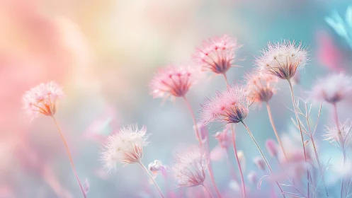 Soft-focus seed heads stand against a pastel gradient field
