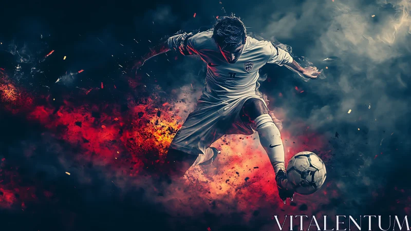 Dynamic soccer forward striking ball through blazing smoke.