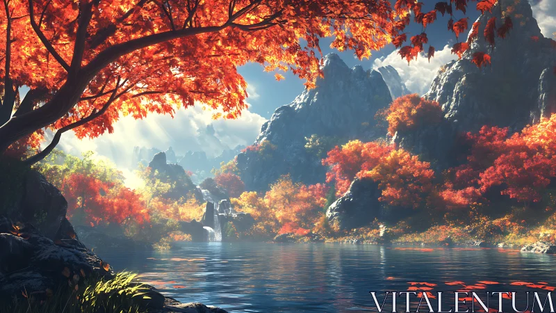 Sunlit autumn lake cradled by glowing mountains and trees.