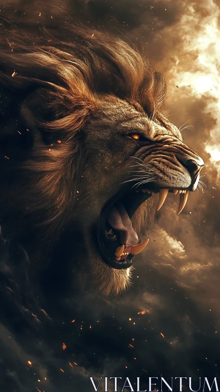 Roaring lion erupts through stormlit embers and smoke
