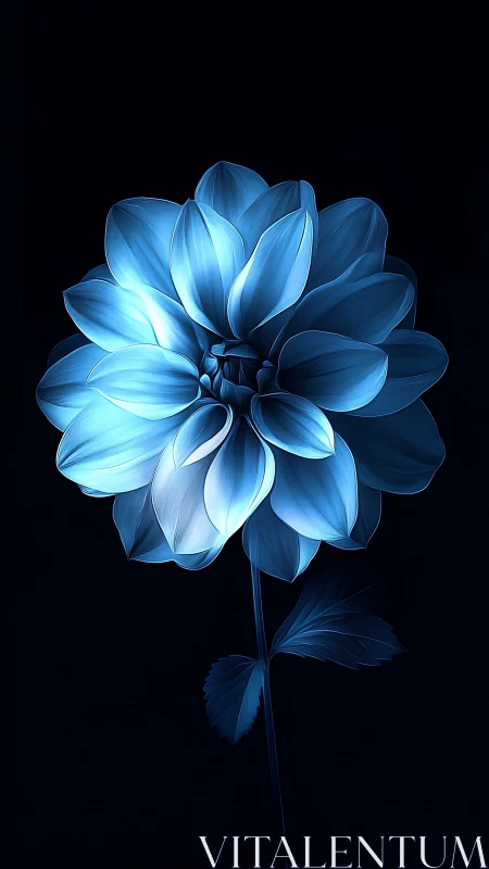 Blue Dahlia Flower Digital Rendering on Black Background