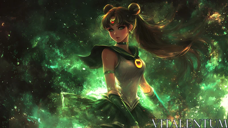 Female figure in stylized uniform amid luminous green field