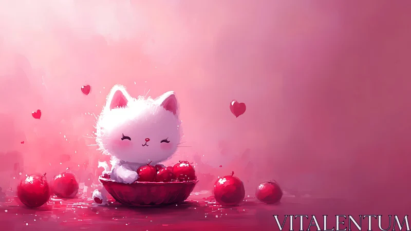 Adorable White Kitten Surrounded by Love and Red Hearts