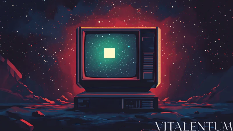 Retro monitor on alien terrain with illuminated starfield screen.