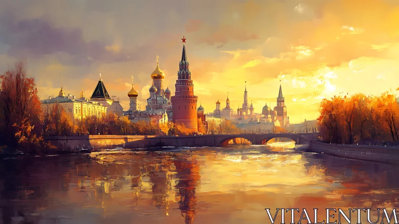 Autumn river skyline with Kremlin towers at golden sunset