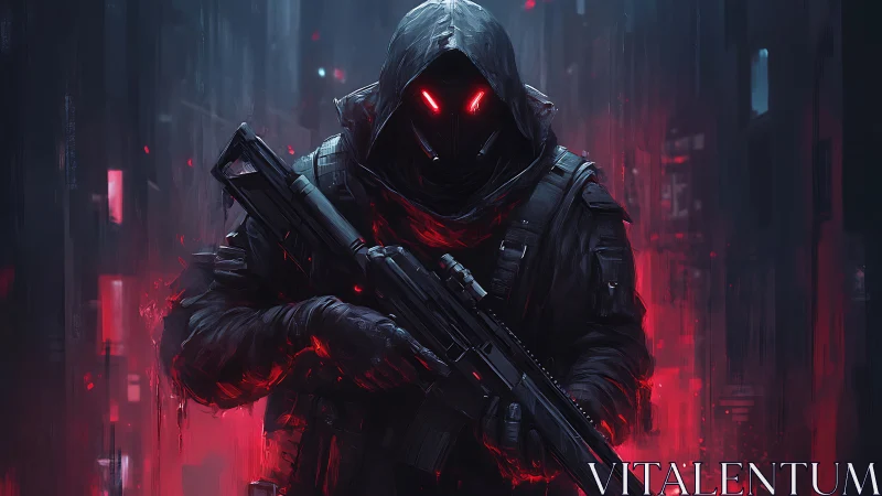 Hooded cybernetic soldier grips rifle in neon red alley
