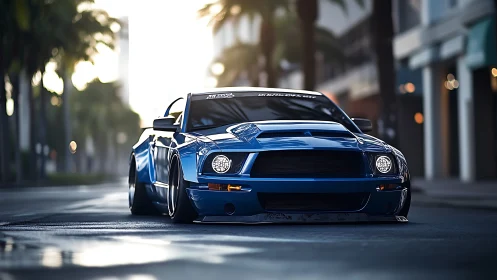 Low-slung blue muscle car glides through quiet city streets.