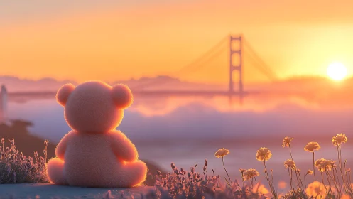 Teddy bear watching sunset over bridge in soft pastel light