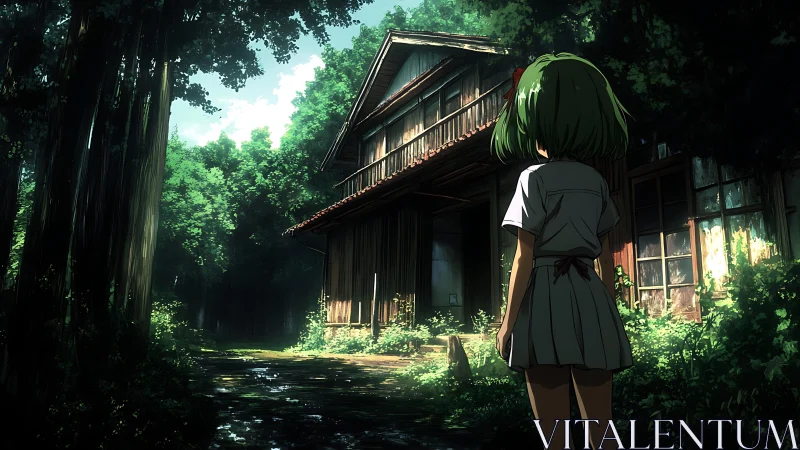 Solitary schoolgirl before overgrown wooden forest dwelling