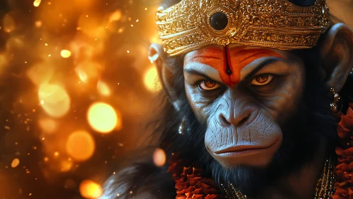 Divine simian guardian crowned in molten dusk light.
