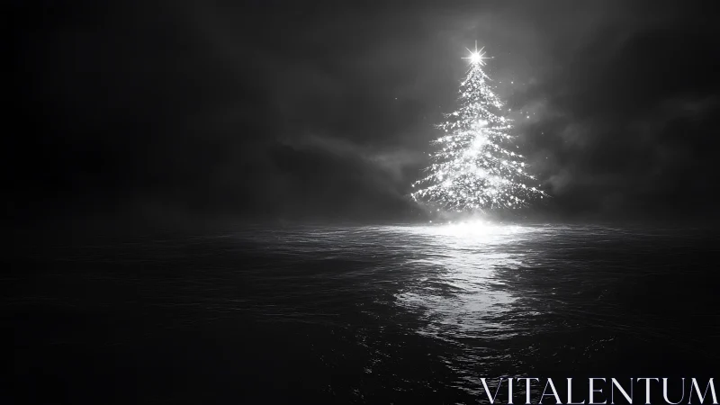 Luminous Christmas tree rises over dark reflective ocean