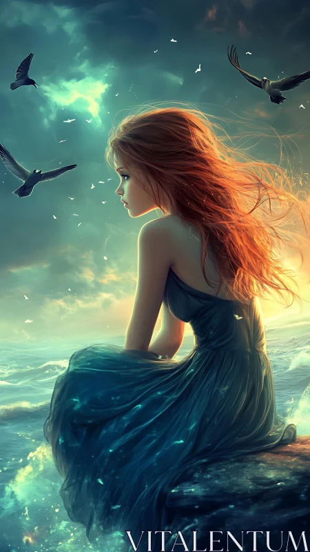 Red haired girl contemplates the sea beneath a stormy sky