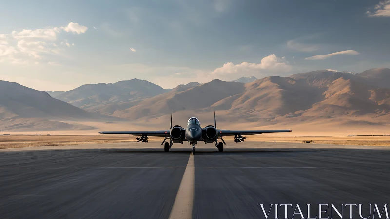 Jet aircraft on desert runway framed by sunlit mountains.